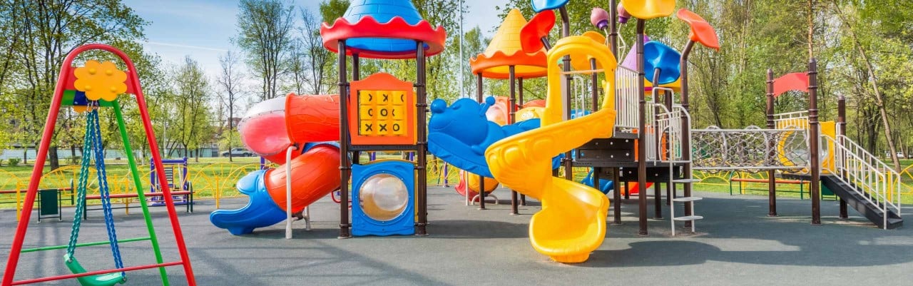 Colorful childrens playground created with sustainable rubber and plastic additives